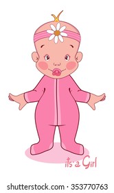 Vector illustration of a young child in a pink jumpsuit, it's a girl.