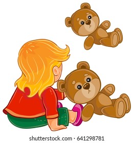 Vector illustration of young child sitting on the floor and play with Teddy bear. Print, template, design element
