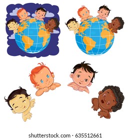 Vector illustration of young children of with different skin color located around the globe. A symbol of peace