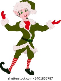 Vector illustration of young Christmas elf with small beard, Santa Claus's assistant. Posing with arms raised to the sides. 