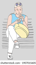 Vector illustration of young city girl sitting on park bench on summer day