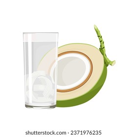 Vector illustration, young coconut juice in a glass, with half a young coconut, isolated on white background.