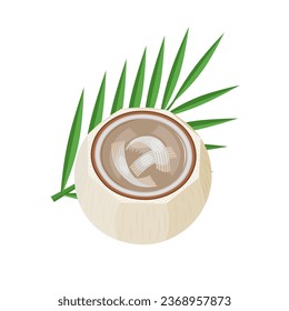 Ilustración vectorial, pudín de coco joven, dentro de una concha de coco, aislado en fondo blanco.