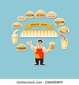 Vector illustration of young cook seller and hamburgers isolated on blue background. Fast food card. Street food Logo Design Template.