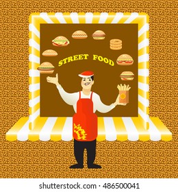 Vector illustration of young  cook seller and hamburgers on green background. Fast food card. 
