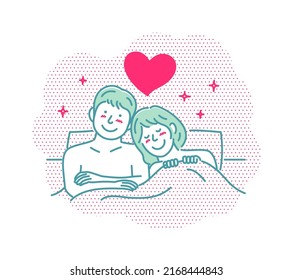 Vector illustration of a young couple in bed  love, happiness