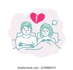 Vector illustration of a young couple in bed | angry, erectile dysfunction, sexless