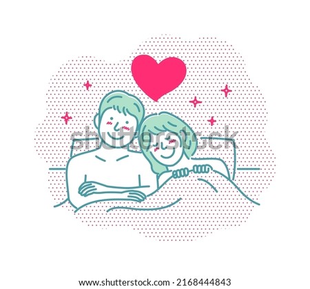 Vector illustration of a young couple in bed  love, happiness