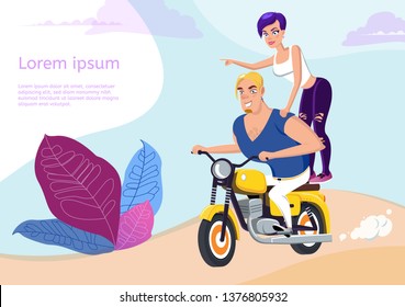 Vector illustration of young couple bikers riding on vintage motorcycle.Modern man and women.Character with hairstyle and plants Codiaeum Croton.Motorcycle love.Card, poster, web design, tourism