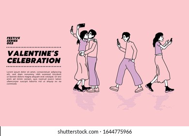 Vector illustration of young couple celebrate Valentine theme by kissing and taking selfie with smartphone then walk away.