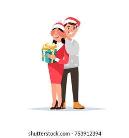 Vector illustration young couple celebration christmas holiday cartoon style. Happy guy christmas sweater guy closes the girl eyes with your hands and gives gift surprise the girl isolated background.