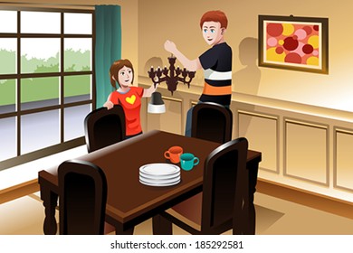 A vector illustration of young couple changing lighting fixture in the dining room to a chandelier