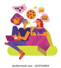 Vector illustration. Young couple choosing food delivery