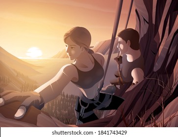 Vector illustration of a young couple climbing the cliff together with a background of the beautiful scenery of sea estuary and the sun rising