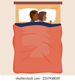 Vector illustration of young couple cuddle hug in bed after making love. Happy man and woman embrace relax in bedroom with closed eyes. Sexual intimate life. Relationships concept