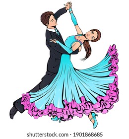 Vector illustration of young couple dancing classical ballroom dance isolated on white background. Waltz dancer character. Dance icon. Classical ballroom dance art for studio, shop.