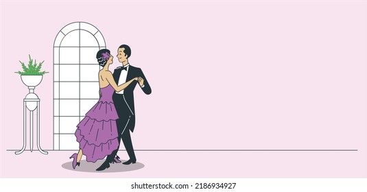 Vector illustration of young couple dancing ballroom Latin dance isolated on pink background. Samba dancer character. Dance icon. Classical ballroom Latin dance art for studio, shop.