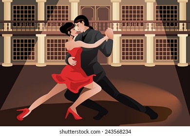 A vector illustration of young couple dancing tango