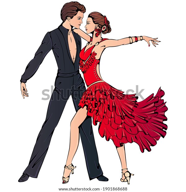 Vector\
illustration of young couple dancing ballroom Latin dance isolated\
on white background. Samba dancer character. Dance icon. Classical\
ballroom Latin dance art for studio,\
shop.