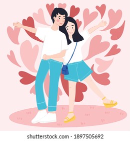 Vektorgrafik von jungen Ehepaaren Dating. Cute Pärchen liebt einander. Herzform, Valentinstag Grüße.