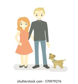 Vector illustration. Young couple with a dog