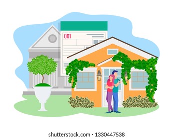 Vector illustration of a Young couple at the door of their own home, purchased with the help of a Bank. The concept of obtaining a loan for the purchase of real estate.