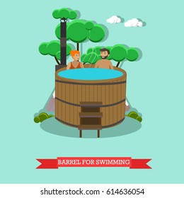 Vector illustration of young couple enjoying barrel, japanese hot tub. Spa procedures concept design element in flat style