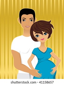 A vector illustration of a young couple expecting a baby