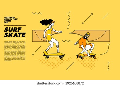 Vector illustration of young couple go surfing with skateboard or surf skate at ramp track or skate park on modern style abstract with composition background.