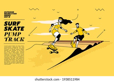 Vector illustration of young couple go surfing with skateboard or surf skate at pump track or ramp track or skate park on modern style abstract with composition background.