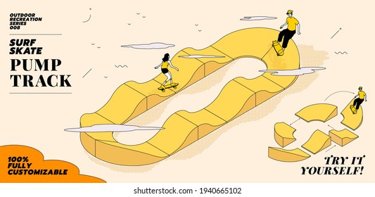 Vector illustration of young couple go surfing with skateboard or surf skate at ramp track or skate park on modern style abstract with composition background. The pump track is 100% customisable.