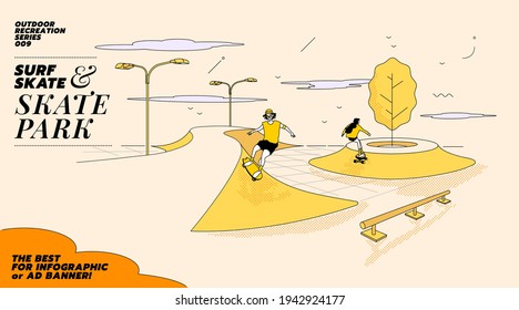 Vector illustration of young couple go surfing with skateboard or surf skate at ramp track or skate park on modern style abstract with composition background. The best for infographic or ad banner.