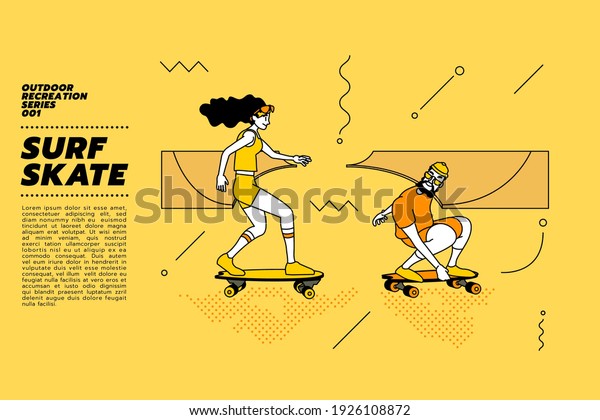 Vector illustration of young couple go surfing with skateboard or surf ...