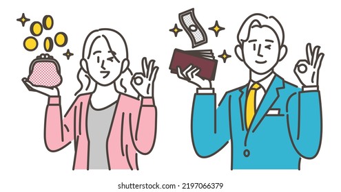 Vector illustration of a young couple happy to have money in their wallets.