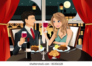 A vector illustration of a young couple having dinner at an upscale restaurant