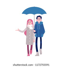Ilustração vetorial de jovem casal de mãos dadas andando sob guarda-chuva em estilo plano isolado no fundo branco. Garota colocando a mão debaixo do guarda-chuva na chuva e mantendo o cara de braço.