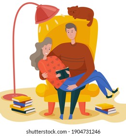 Vector illustration. A young couple is hugging in an armchair, reading a book, a cozy atmosphere. Love and comfort.