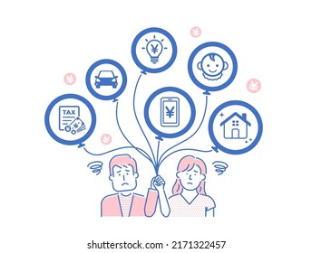 Vector illustration of young couple (husband and wife) with many balloons (worried about their future financial plans)