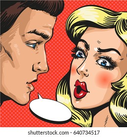 Vector illustration of young couple, husband and wife, lovers talking to each other. Serious talk or love conflict concept, speech bubble in retro pop art comic style.