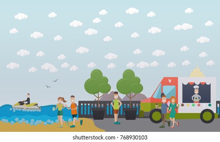 Vector illustration of young couple jogging along the promenade. City embankment with walkway, ice cream truck and people eating icecream. Outdoor workout concept, flat style design.