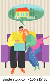 Vector illustration of a young couple looking for a house on the Internet. A scene from the life of a young family