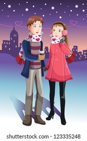 A vector illustration of a young couple in love in winter time