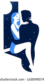 Vector illustration of a young couple in love. Starry night and moonlight.