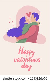 Vector illustration of young couple in love (hugging and kissing). Valentine's Day card, invitation, poster