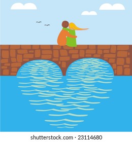 vector illustration of young couple in love on a bridge