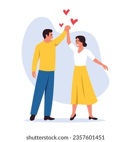Vector illustration of a young couple in love and happy dancing isolated on a white background. Cartoon scene with a smiling guy twirling a girl in a dance and red hearts around them.