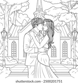 Vector illustration, young couple in love getting married, book coloring