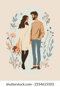 Vector illustration of a young couple in love walking and gazing at each other