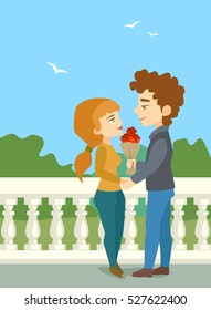 Vector illustration of a young couple in love. Romantic date outdoor