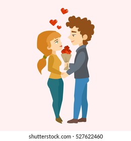 Vector illustration of a young couple in love. Romantic date outdoor
